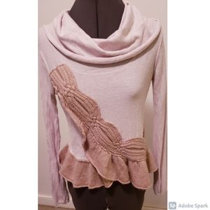 Anthropologie pinky Beige & Khaki Cowl Neck Sweater with Ruffle Detail